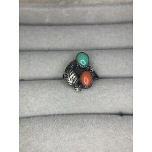 Vintage Navajo Feather Turquoise And Coral Ring Size 4.5